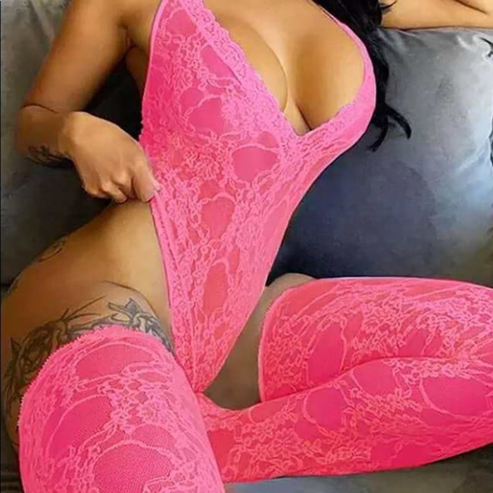 Crochet Lace Halter Teddy with Stockings